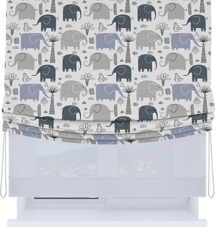 Римская штора «Кортин», день-ночь с мягкими складками, «Серые слоники»